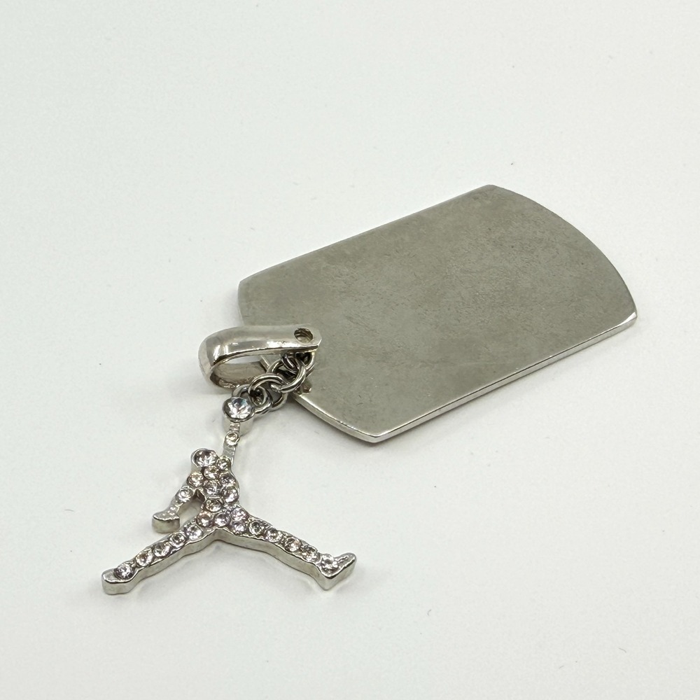 VTG Y2K Silver Tone Rhinestone Jumpman Dog Tag Pendant Charm Hip Hop Streetwear